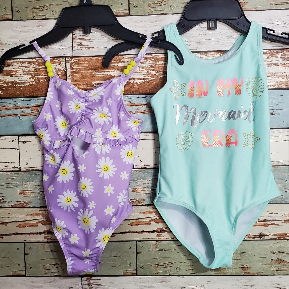 Derek Heart Lavender Daisy Girls' One-Piece Swimsuit Mermaid Swimwear Size 5